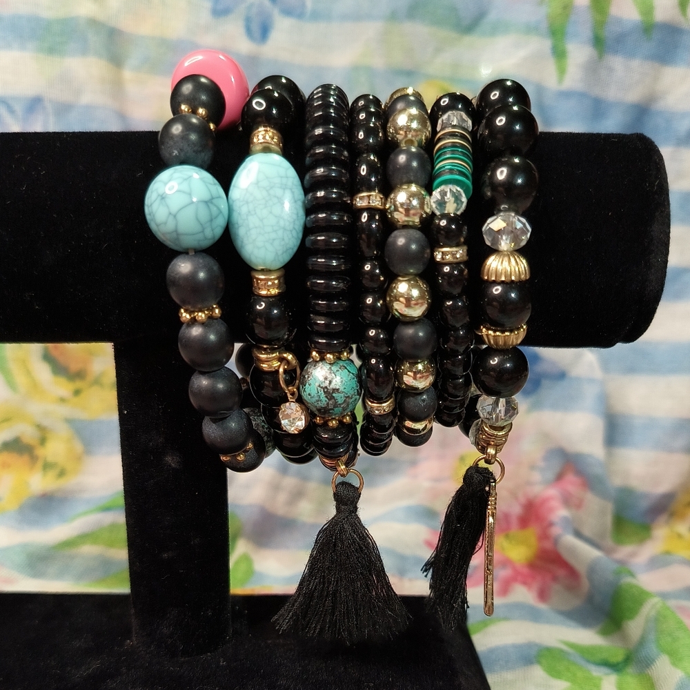 Elegant Black and Turquoise Beaded Bracelet Set